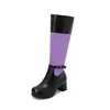 Botas de Montura Altas 482023 Botas de Comercio Exterior Tacón Medio Zapatos de Mujer Botas de Cuero Costura 40 Hebilla de Cinturón Grueso Nuevo Morado Adulto