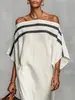2026 Sitio Independiente Europeo y Americano Amazon Transfronterizo Vestido de Lino Rayado Holgado de Hombros Caídos para Mujer Verano Casual Largo
