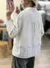 Camisa Bordada Calada Nueva de Otoño 2026 Transfronteriza Algodón Lino Vintage Casual Holgada Cuello Abierto Manga Larga para Mujer