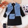 Ropa para Niños de Comercio Exterior Popular 2025 Primavera y Otoño Estilo Casual Chaqueta de Mezclilla con Solapa Vestido de Manga Larga con Bolso Juego de Tres Piezas