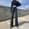 Calça jeans feminina preta e cinza de perna larga, nova coleção primavera/verão 2026, cintura alta, fluida, solta, perna reta, comprimento até o chão