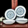 Prato de Cerâmica Louça Doméstica Azul e Branco Prato de Porcelana sob Esmalte Prato para Frutas Prato Fundo Disco Prato de Sopa para Micro-ondas