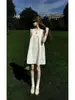 Vestido camisola sin mangas de longitud media, suave y casual para mujer, estilo vacacional de verano, top babydoll de lino sin hombros