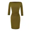 Vestido de hombros descubiertos con manga de tres cuartos para mujer, nuevo estilo otoño 2026, estilo chica hot americana, color liso, corte ajustado, vestido bodycon fruncido