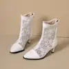 4048 Redes de Comercio Exterior Botines Puntiagudos Tacón Grueso Tacón Alto Con Cuentas Caña Corta Botas Brock Talla Grande Botas Transpirables Empalmadas Blanco