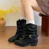 Botas de moda de tacón grueso en color liso, tejidas, apilables, botas de cuero vintage de punta a media pantorrilla para mujer, estilo de nicho con hebilla de cinturón, botas de montar