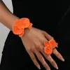 Set de 2 Piezas de Pulsera y Anillo de Flor Tridimensional con Goteo de Aceite Naranja, Moderno y Único Estilo Europeo y Americano para Mujeres, Nuevo Modelo de Verano