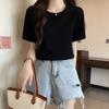 Camiseta Branca Gola Redonda Manga Curta Feminina Verão Nova Ombro Niche Camiseta Casual Slim Top que Cobre a Barriga