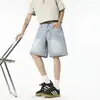 2026 Nuevo Estilo Retro Americano Shorts de Mezclilla Azul Desgastado Rectos Holgados Rasgados de Longitud Media para Hombre