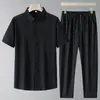 Nova Camisa de Seda Gelada de Manga Curta Estilo Verão para Homens, Camisa Sem Costura para Meia-Idade e Idosos, Conjunto de Duas Peças de Seda Gelada de Manga Curta para o Pai