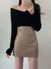 Falda corta de cuero marrón para mujer, otoño, cintura alta, falda tubo de cuero PU, falda ajustada sexy, adelgazante, corta, de un solo paso