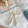 Calcetines de Cuadros Azules con Moño para Mujer, Calcetines Finos de Malla y Encaje de Media Pantorrilla para Primavera y Verano, Calcetines Holgados Estilo Coreano con Etiqueta de Tela Ins