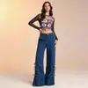 Calça Jeans Feminina Retrô de Novo Estilo Europeu e Americano com Decoração de Cadarço, Perna Larga Reta Solta e Relaxada