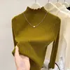 Camiseta base de cuello medio para mujer, suéter base de cuello medio, ropa interior de invierno, juvenil y elegante, con bordes rizados, top de punto
