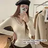 6627 Manga Larga Cuello en V Encaje Cálido Top Base para Mujer Una Pieza Almohadilla en el Pecho Otoño/Invierno Cepillado Cálido Top Base para Mujer