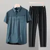 Conjunto de Camisa Polo Novo Estilo de Verão para Homens de Meia-Idade e Idosos, Conjunto de Duas Peças para o Papai: Polo de Seda Gelo + Calça Longa de Seda Gelo, Roupa para a Manhã