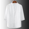 Camisa de Lino de Manga Corta con Cuello Mao para Hombre, Manga Siete Octavos, Verano, Color Sólido, Simple, Delgada, Holgada, Transpirable, Moderna, Casual