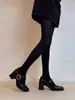 Versão Super Macia em Pele de Cordeiro Sapatos Mary Jane de Bico Quadrado com Solado Silencioso Femininos em Couro Genuíno Fivela de Metal Salto Alto Robusto Sapatos Individuais Versáteis Sapatos Pequenos de Couro