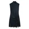 Roupas Femininas 2025 Inverno Nova Moda Renda Costurada Textura de Cetim de Seda Mini Curto Vestido Preto para Mulheres