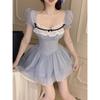 Vestido ajustado de estilo americano, estilo chic, con un toque veraniego, dulce y bonito, con costuras de encaje y colores contrastantes. Ropa para mujer.
