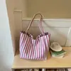 Bolsa tote de lona grande e casual com design artístico para mulheres, nova coleção primavera 2026, bolsa de mão e bolsa de ombro listrada da moda estilo coreano