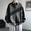 Moletom falso de duas peças estilo faculdade americana para homens, camada interna casual pesada de outono, top solto patchwork moderno