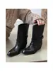 Primer encuentro: Moda de nicho, botas de mezclilla adelgazantes, botines con hebilla de cinturón retro, botas de montar de tacón grueso simples para mujer