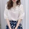 Camisa de gasa de media manga con empalme de encaje retro estilo Hong Kong para mujer, nuevo estilo de verano 2024, aspecto francés holgado y adelgazante, top de alta gama a la moda