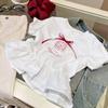 Corea del Sur Niñas Verano Popular en Internet Camiseta Dulce Nueva Niños Lindo Cuello Redondo Estampado Volantes Costuras Manga Corta