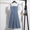 Vestido Azul de Tencel para Mujer, Estilo Veraniego Nuevo, con Encaje Empalmado, Falso Dos Piezas, Ceñido a la Cintura, Corte Holgado, Favorecedor, de Manga Corta, Moderno