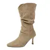 Botas Apiladas de Otoño Invierno 2026 para Mujer Punta Fina Tacón de Aguja Bota de Media Caña Suede Botas Estrechas Plisadas Botines de Tacón Alto Estilo Europeo