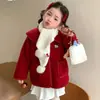 Abrigo de Invierno con Forro de Felpa para Niña Nuevo 2025 Elegante Cuello de Muñeca para Bebé Abrigo de Lana Grueso Cálido Rojo