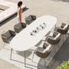 Mesa y silla nórdicas de exterior tejidas con cuerda, para jardín, villa, silla de ratán para exterior, terraza, mesa de comedor y silla de mármol con placa de roca impermeable