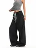 Nuevos Jeans Retro Americanos para Mujer con Cordón, Pierna Recta Negros, Nuevos Pantalones Anchos Sueltos Casuales Versátiles de Pierna Ancha hasta el Suelo