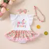 Roupa Nova de Aniversário para Bebê Menina Verão 2026: Conjunto de Macacão Triângulo com Manga Flare, Calça PP e Faixa de Cabeça com Laço