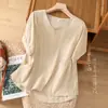 Set de 3 Colores de Camisetas Artísticas de Algodón y Lino de Color Sólido con Cuello en V y Manga Corta para Mujer, Estilo Pullover, Nuevas Camisetas de Manga Media de Verano 2026, Camisas Únicas
