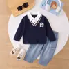 Conjunto de outfit de otoño para niño, ropa de otoño para bebé, polo de manga larga para niño, top tipo dos piezas, jeans, ropa para niños