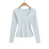 Camiseta de Manga Larga con Cuello en U, Corte Ajustado y Moderno para Mujer con Cintura de Reloj de Arena, Top Interior Estilo Deseo Puro, Camiseta Base de Color Sólido Elástica Adelgazante