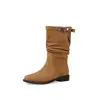 Botas Femininas Estilo Britânico 3cm Franzidas Empilhadas 2026 Outono/Inverno Novas Bico Redondo Salto Baixo Calce Fácil Botas Western Botas Curtas