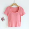 Top Quadrado de Manga Curta com Gola Redonda e Bojo no Peito Camiseta Feminina de Verão Camiseta Básica Slim-fit Roupa Íntima Slim-fit BRA-T