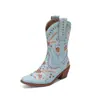 Novas Botas Femininas Salto Bloco Bordado Botas Western Botas Cowboy 2026 Outono/Inverno Moda Simples Retro Europeia Americana Botas