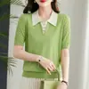 Salida de Liquidación Mostrador Retira Suéter de Hilo de Seda de Hielo Holgado con Cuello de Marca para Mujer, Elegante Camiseta de Manga Corta de Verano