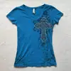 Camiseta de Manga Corta Estampada para Mujer, Estilo Callejero Oscuro Ajustada, con Tachuelas Azules, Cruz y Pedrería, Estilo Y2K, Primavera/Verano, Transfronteriza
