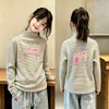 Blusa Base de Pelúcia para Meninas Outono Inverno Nova Roupa Íntima Gola Meio Alta Manga Longa Escovada Listrada Infantil Roupa Íntima Quente