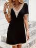 Vestido Versátil Longo Slim de Manga Curta Cor Sólida com Renda na Gola Europeu e Americano Transfronteiriço 2026