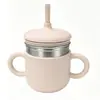 Taza de acero inoxidable con pajita de silicona para niños, taza multifuncional para beber directamente con pajita y doble asa, taza de aprendizaje de estilo creativo