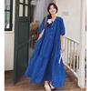 Vestido de Lunares Azules para Mujer Verano 2025 Nuevo Estilo de Vacaciones Diseño Súper Bonito Aspecto Ligeramente Gordo y Adelgazante Falda Larga que Cubre el Vientre