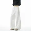 Pantalones de algodón chino gris jaspeado con pliegues y dobladillo curvo, unisex, corte holgado, pants deportivos de pierna ancha con cordón, ropa deportiva casual retro americana