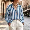 Camisa de Chifón para Mujer de Manga Larga a Rayas Retro Nueva de Primavera y Verano Transfronteriza Europea y Americana Estilo Holgado de Vacaciones Camisa de Playa