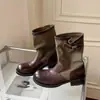 Botas de Moda con Tacón Grueso y Patchwork de Cuero y Tela para Mujer, Otoño 2026 Nuevas Botas Cortas Arrugadas Estilo Británico Vintage, Botas de Montar a Media Pantorrilla